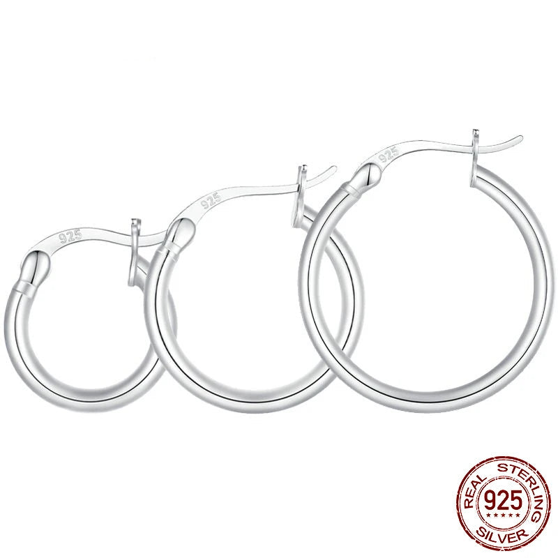 Jewelry Planet 925 Sterling Silver Bold Classic Hypoallergenic Hoop Earrings, 14K White Gold Plated Standard Tube Earrings for Women