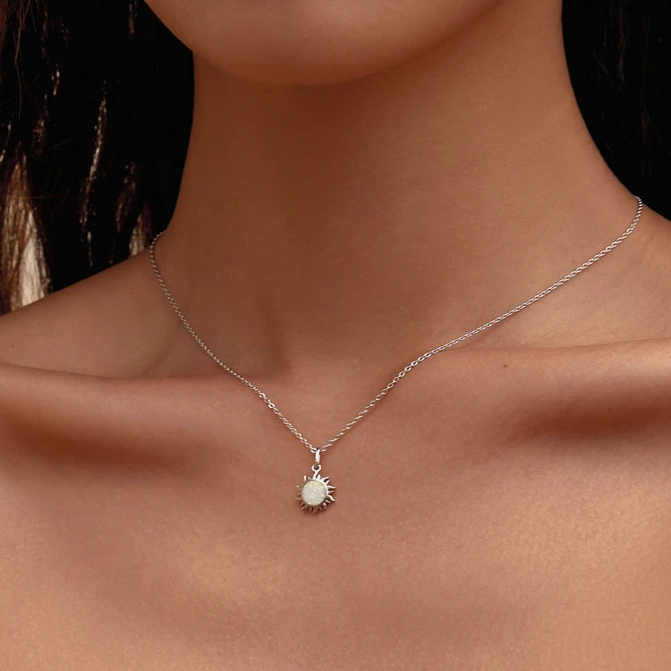 Jewelry Planet 925 Sterling Silver White Opal Sun Pendant Necklace Apollo Chain Necklaces for Women Birthday Gift Jewelry