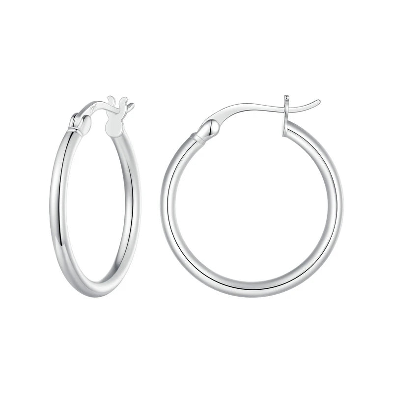 Jewelry Planet 925 Sterling Silver Bold Classic Hypoallergenic Hoop Earrings, 14K White Gold Plated Standard Tube Earrings for Women