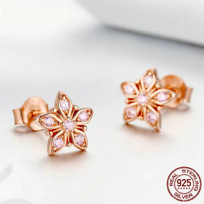 Jewelry Planet Genuine 925 Sterling Silver Sakura Pink Flower Exquisite Stud Earrings for Women Wedding Party Jewelry Gift BSE034