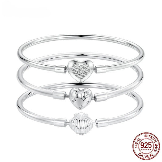 Jewelry Planet Genuine 925 Sterling Silver Charm Glossy Bracelet Heart/Shell Clasp Basic Bangle Star Spacer Beads for Women DIY Jewelry