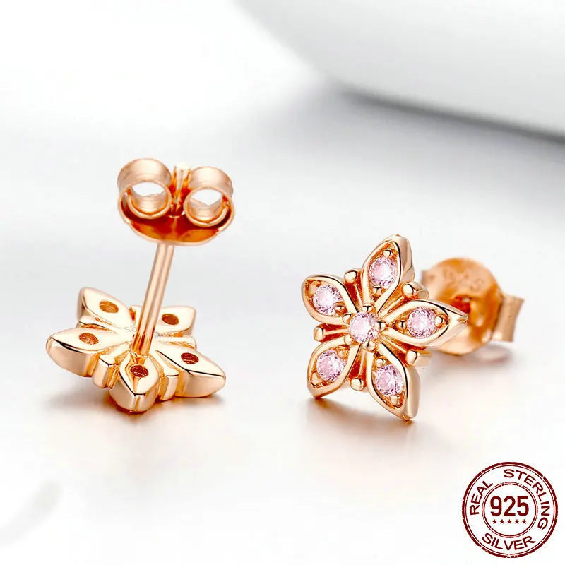 Jewelry Planet Genuine 925 Sterling Silver Sakura Pink Flower Exquisite Stud Earrings for Women Wedding Party Jewelry Gift BSE034
