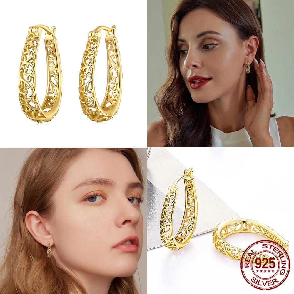 Jewelry Planet 18K Gold Plated Filigree Hoop Earrings 925 Sterling Silver Vintage Vine Earrings For Women Fine Jewelry Original Design
