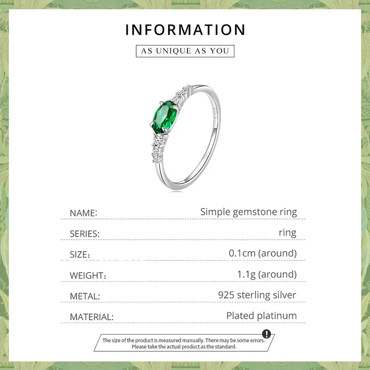 Jewelry Planet 925 Sterling Silver Simple Gemstone Ring for Women Green Zirconium Ring Fine Jewelry Wedding Bridal Wedding Gift BSR265