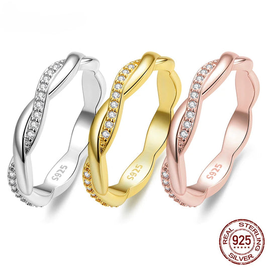 Jewelry Planet 925 Sterling Silver Simple Twisted Ring 14K Gold Plated Cubic Zirconia Eternity Band for Women 3 Colors BSR248