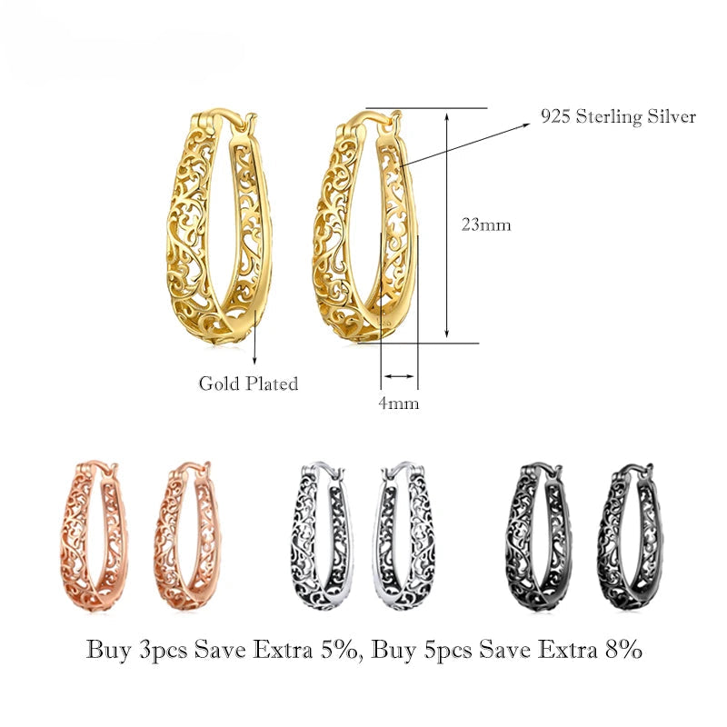 Jewelry Planet 18K Gold Plated Filigree Hoop Earrings 925 Sterling Silver Vintage Vine Earrings For Women Fine Jewelry Original Design