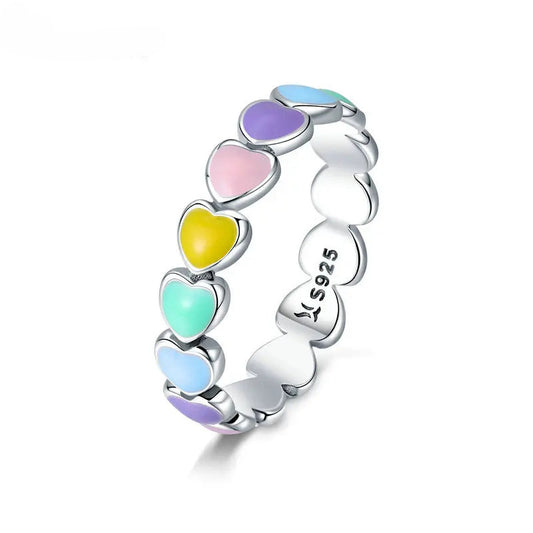 Jewelry Planet 925 Sterling Silver Cute Rainbow Heart Finger Ring for Women Stackable Silver Ring with Mini Hearts Trendy Jewelry