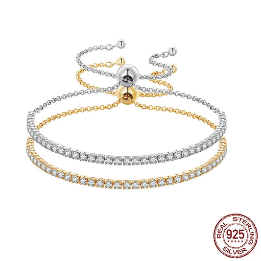 14K Gold Plated CZ Classic Tennis Bracelet for Women, 925 Sterling Silver Adjustable Slider Bracelet Wedding Jewelry Gift
