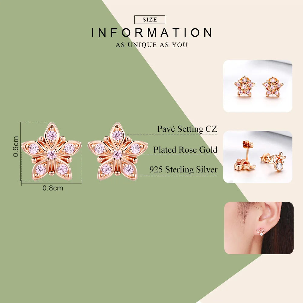Jewelry Planet Genuine 925 Sterling Silver Sakura Pink Flower Exquisite Stud Earrings for Women Wedding Party Jewelry Gift BSE034