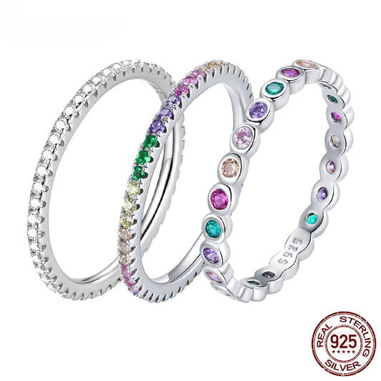 Jewelry Planet 925 Sterling Silver Rainbow Rings Full Zircons for Women Trendy Dazzling Stackable Bezel Finger Ring Anillos Jewelry Gift
