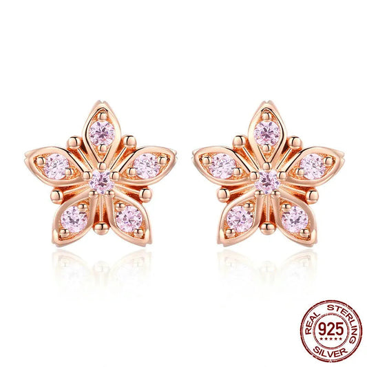 Jewelry Planet Genuine 925 Sterling Silver Sakura Pink Flower Exquisite Stud Earrings for Women Wedding Party Jewelry Gift BSE034