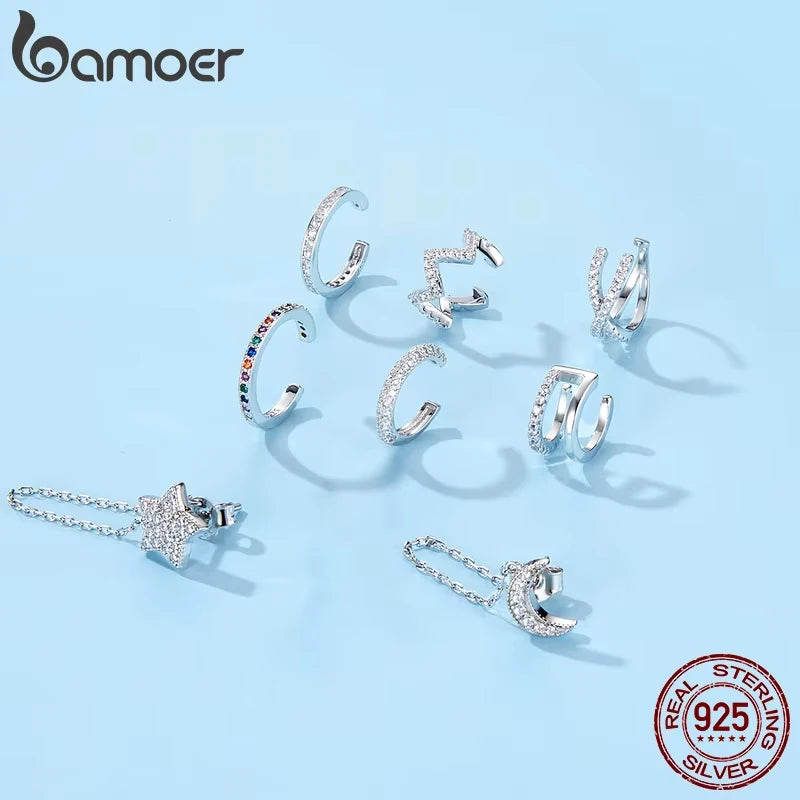 Jewelry Planet 1PC Ear Cuff 925 Sterling Silver Clip Earrings for Women Gold Color Spain Fashion Jewelry Rhinestone Tiny Earrings SCE994