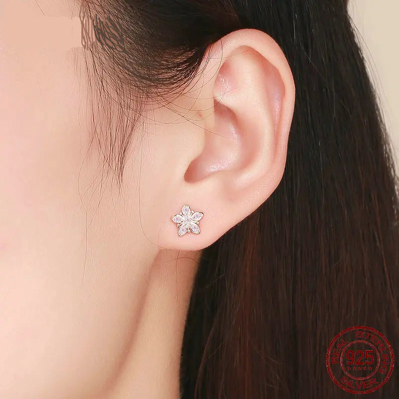 Jewelry Planet Genuine 925 Sterling Silver Sakura Pink Flower Exquisite Stud Earrings for Women Wedding Party Jewelry Gift BSE034