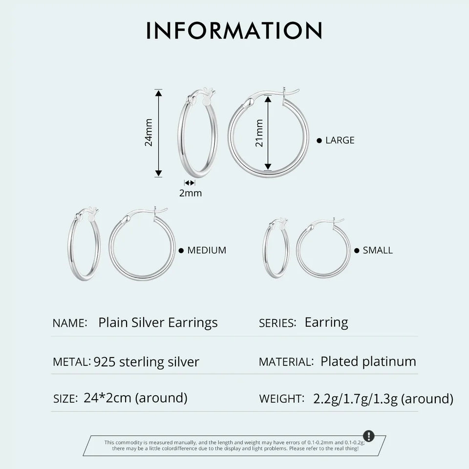 Jewelry Planet 925 Sterling Silver Bold Classic Hypoallergenic Hoop Earrings, 14K White Gold Plated Standard Tube Earrings for Women